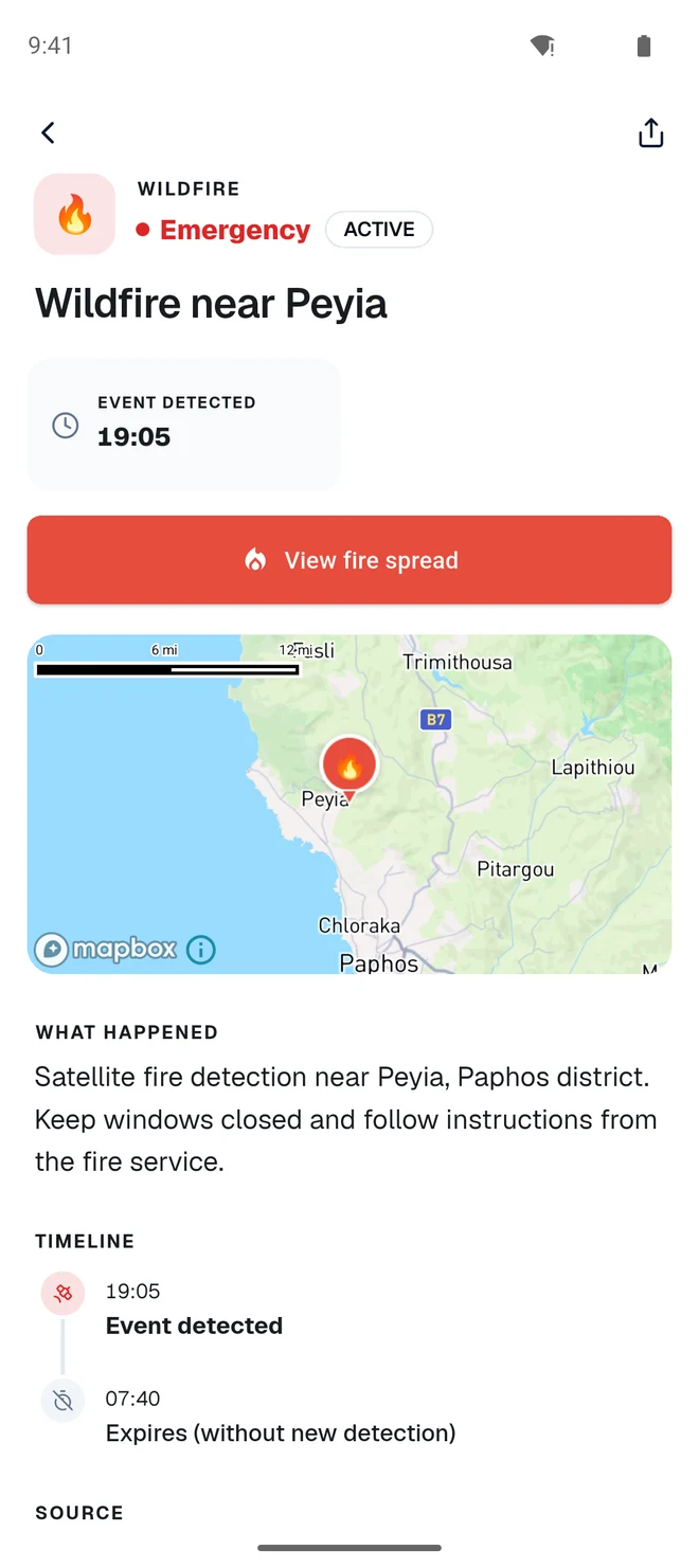 Detail view of a wildfire warning with map and timeline