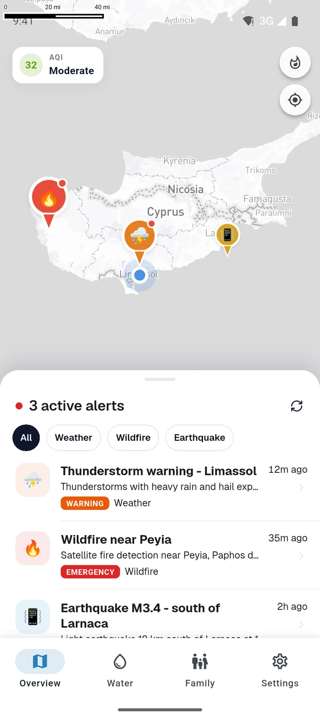 CyWarn app showing the list of current warnings